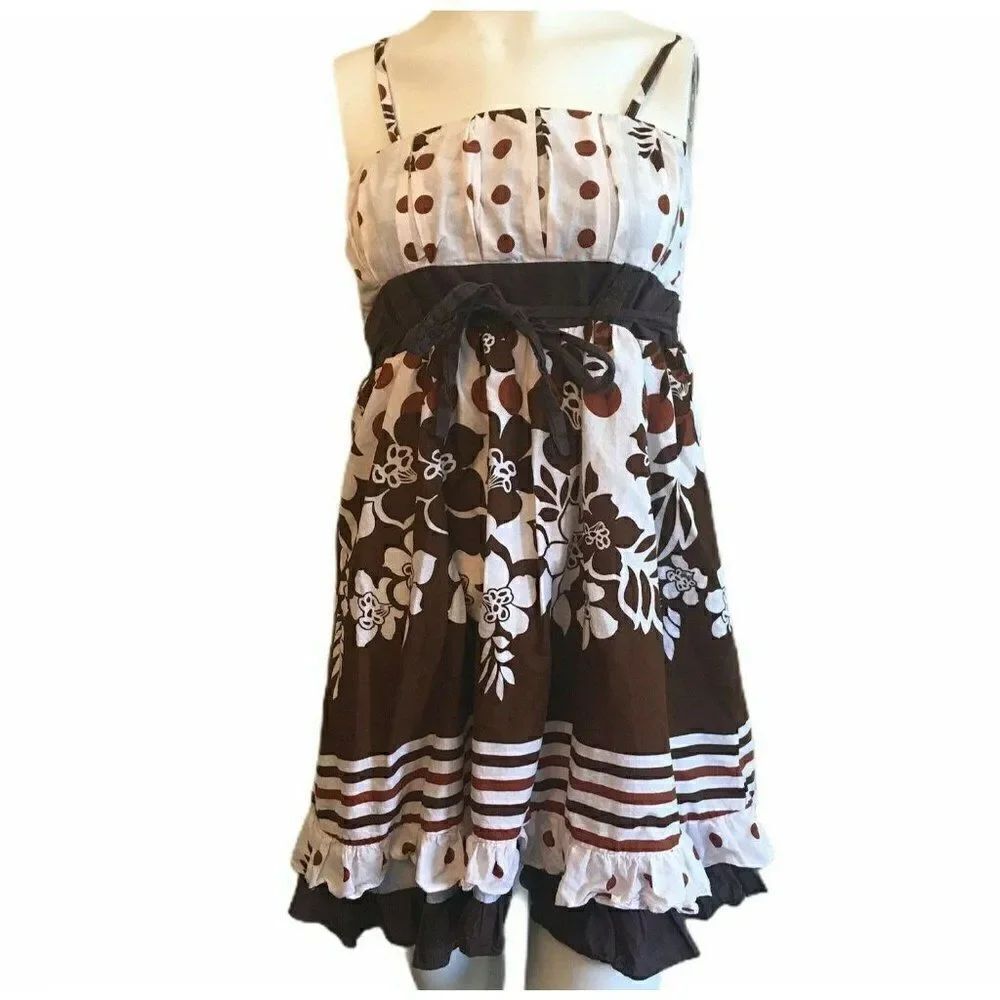 Small Sun Dress Brown Floral Ruffles Polka Dot